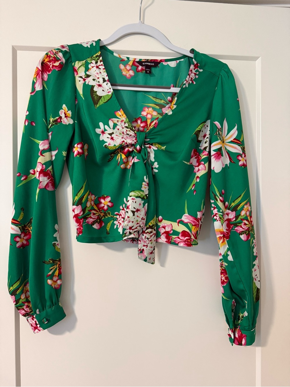 Express Green Floral Tie-Front Blouse